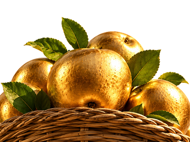 A woven basket filled with golden apples and fresh leaves